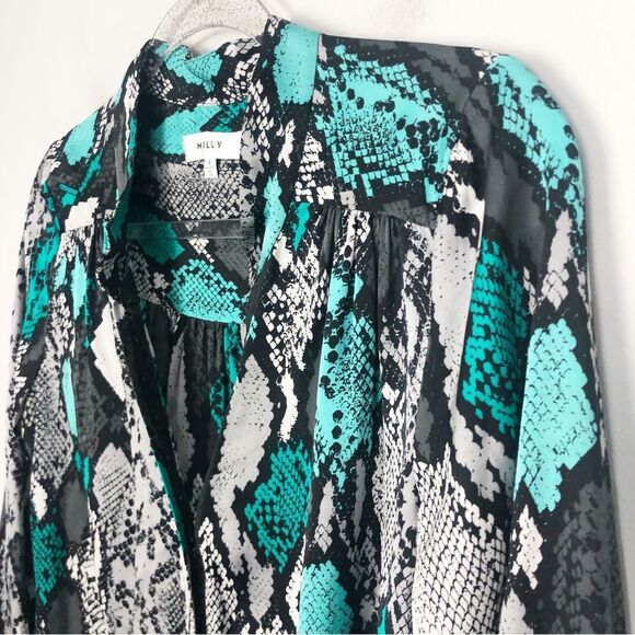 MILLY | Katalina Silk Snake Print Blouse Teal Gray Black Top Women’s Size 4 - Picture 4 of 13